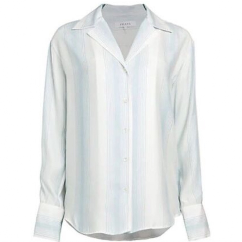 Frame 100% Silk True Striped Shirt White Blue XS NEW